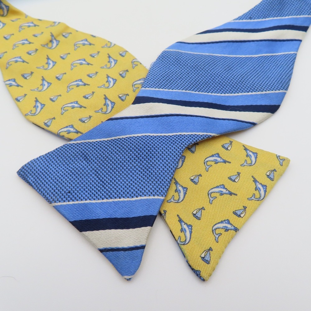 Brooks Brothers Bow Tie Blue Yellow Marlin 2.5" Wide Self Tie Silk Double Sided